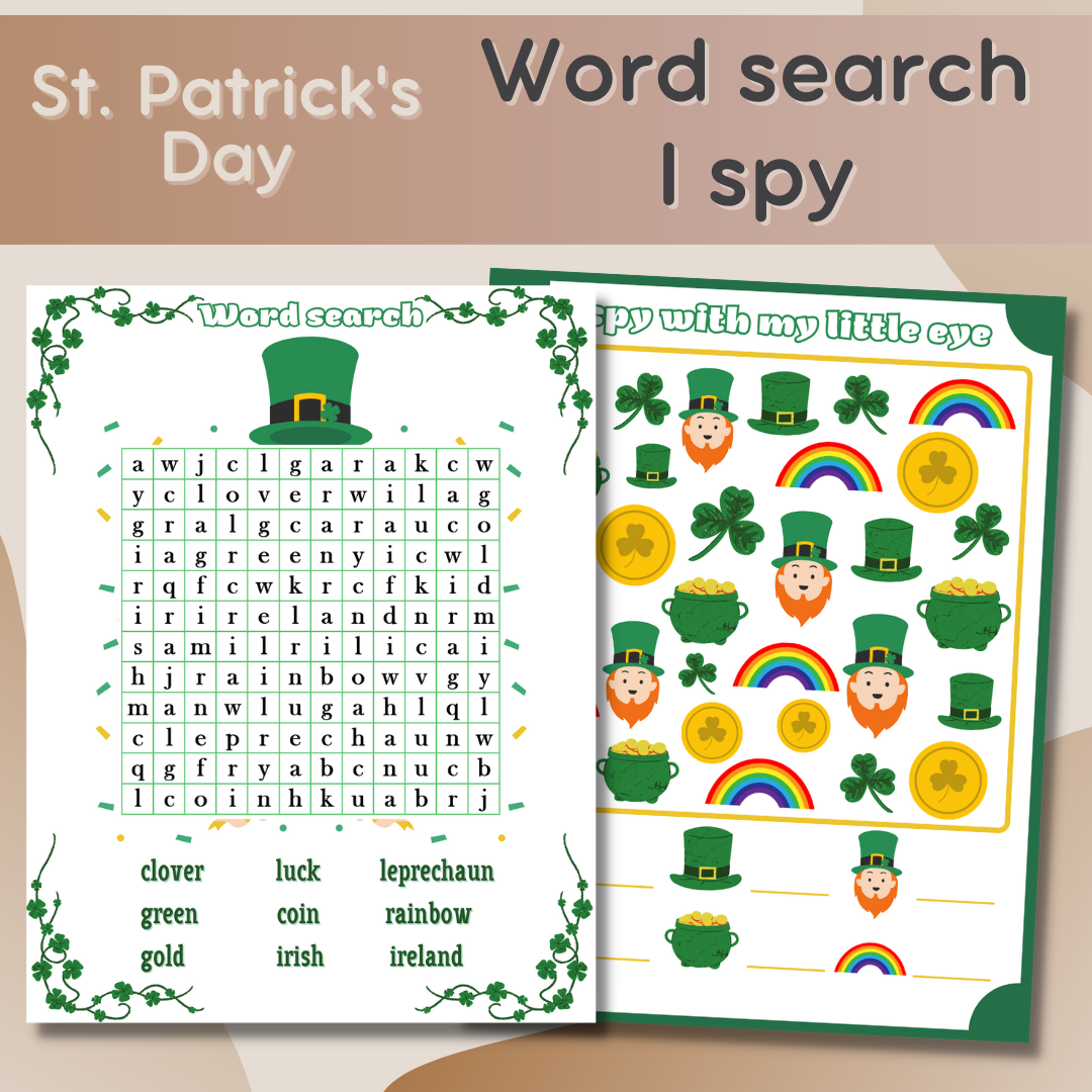 St. Patrick's Day. Crack the code / Unscramble the words / I spy / Word search | First Image