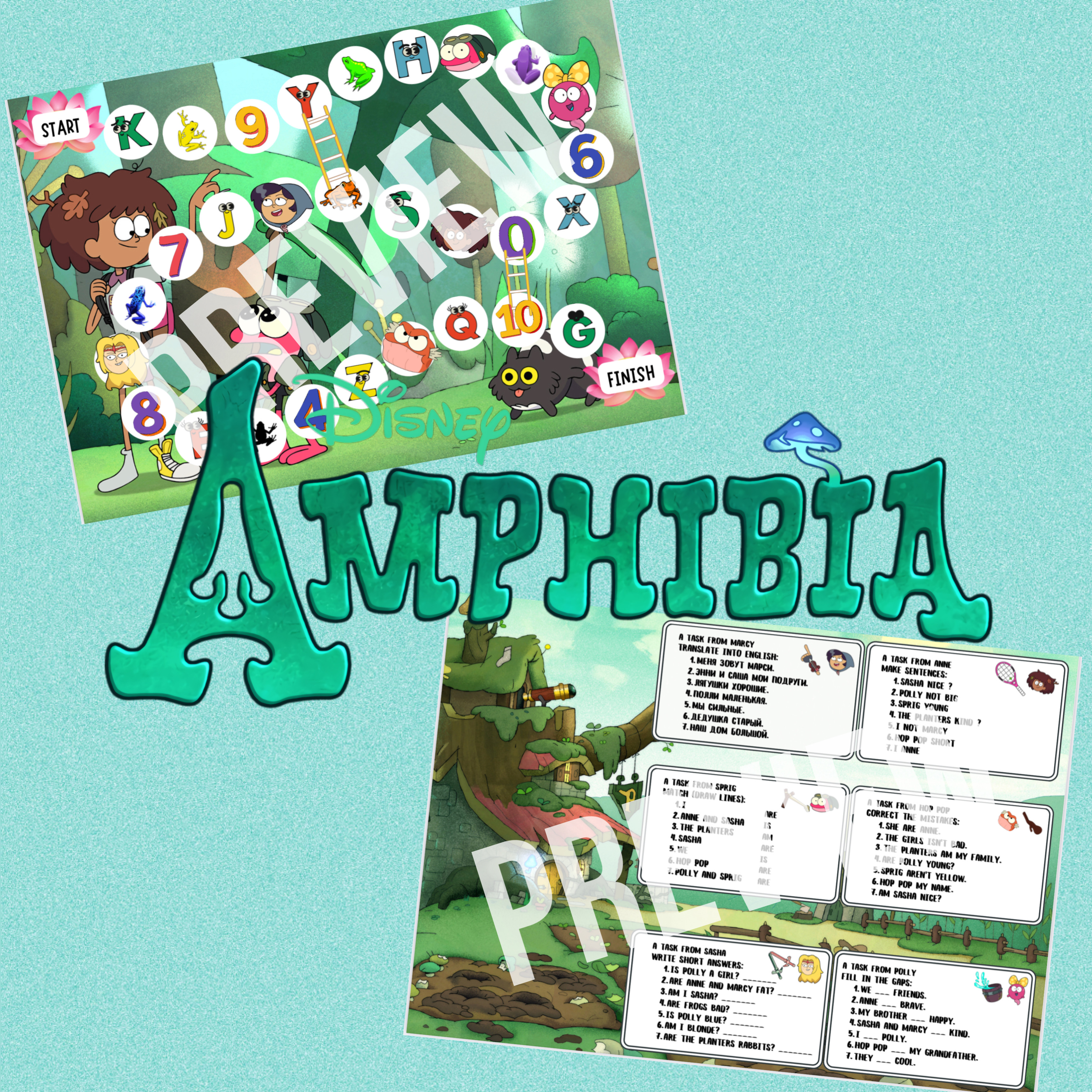 Board game (ABC, 1-10, colors, am is are) Amphibia edition | EASY FOR BUSY  | F3T